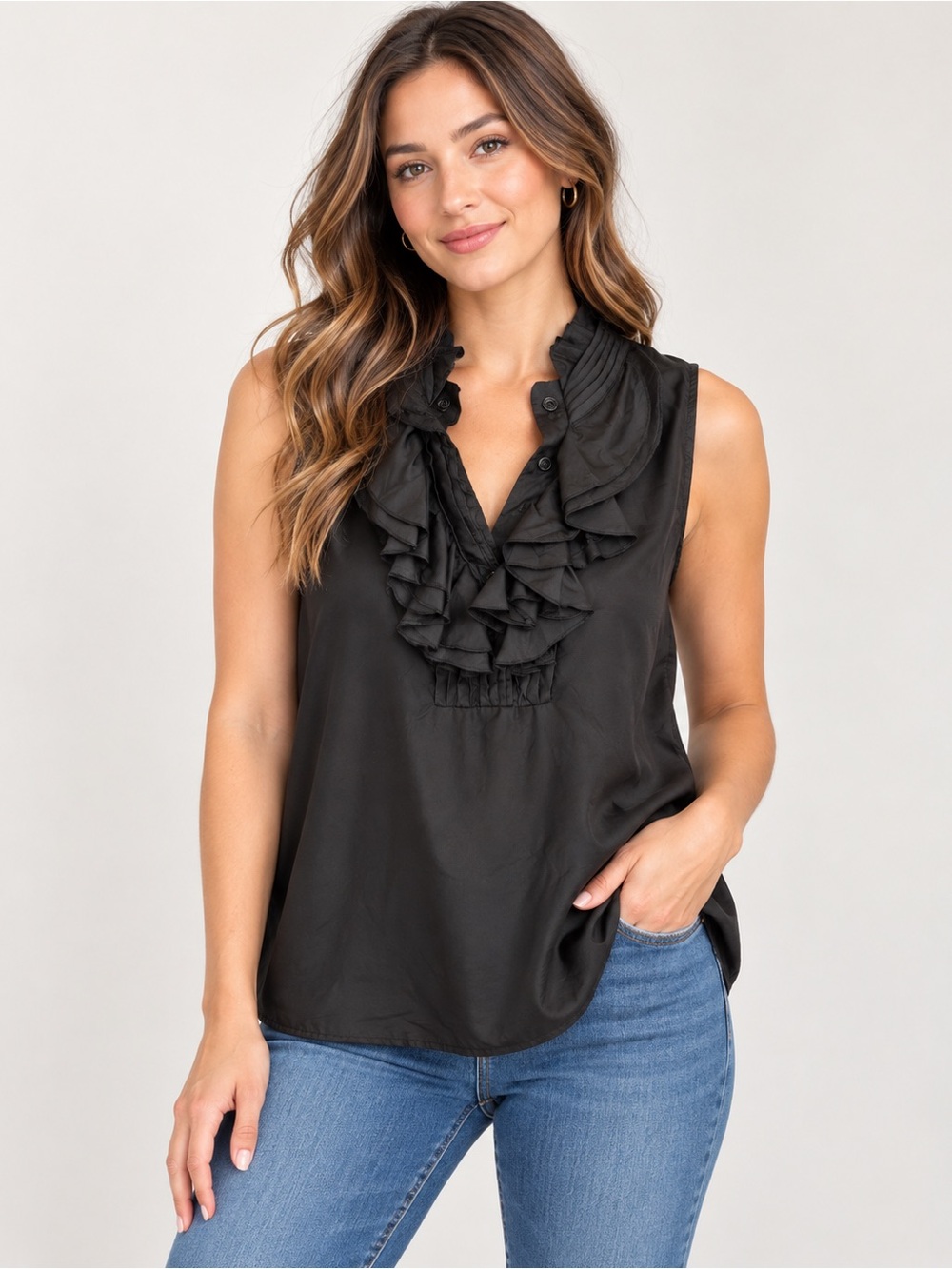 Kenar Black Sleeveless Ruffle-Front V-Neck Blouse 100% silk